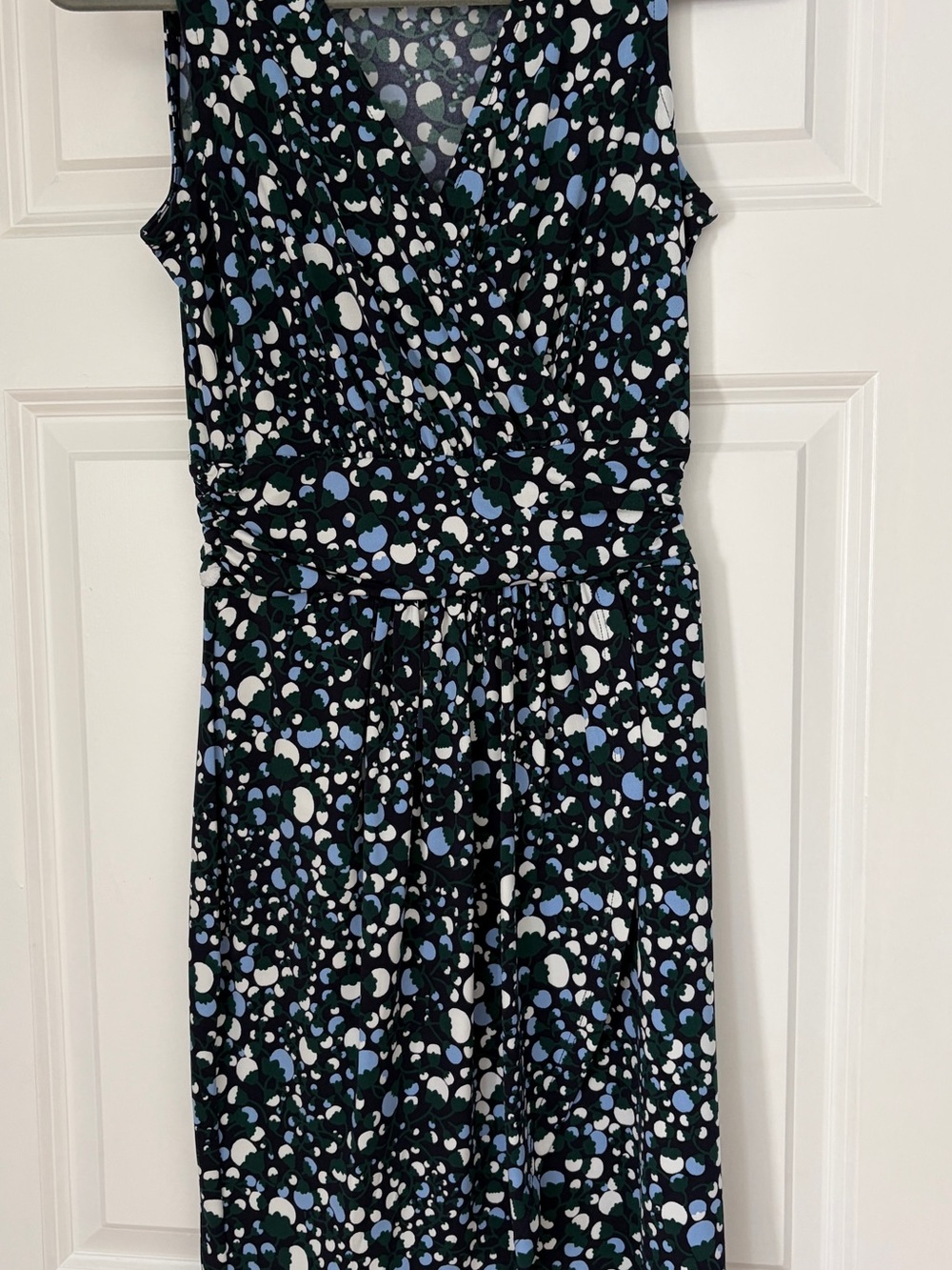 Sleeveless Black V-Neck Printed Dress with Blue & White Spots